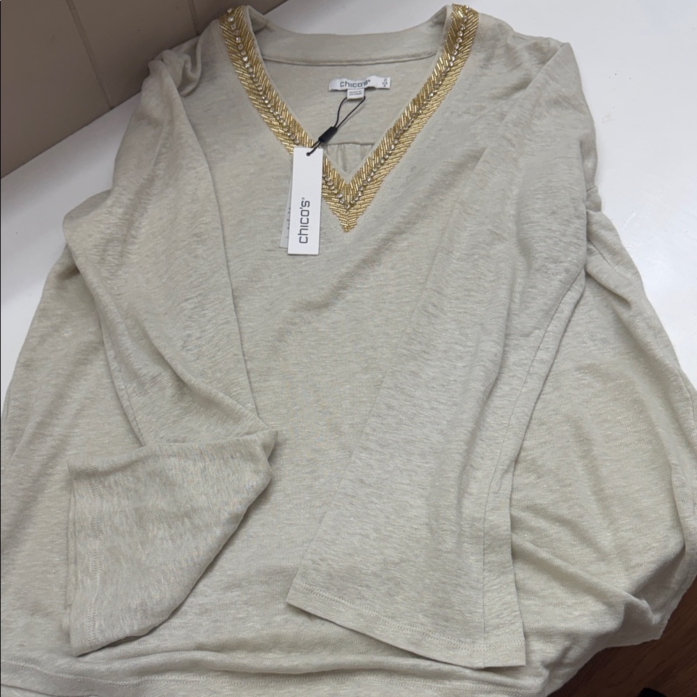 Chico's Beige V-Neck Blouse with Gold Trim